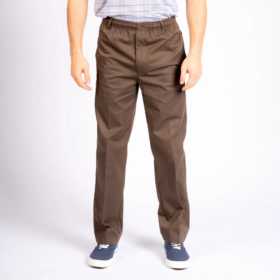 Brown elasticated waist trousers worn by a person, perfect for New Forest Rugby