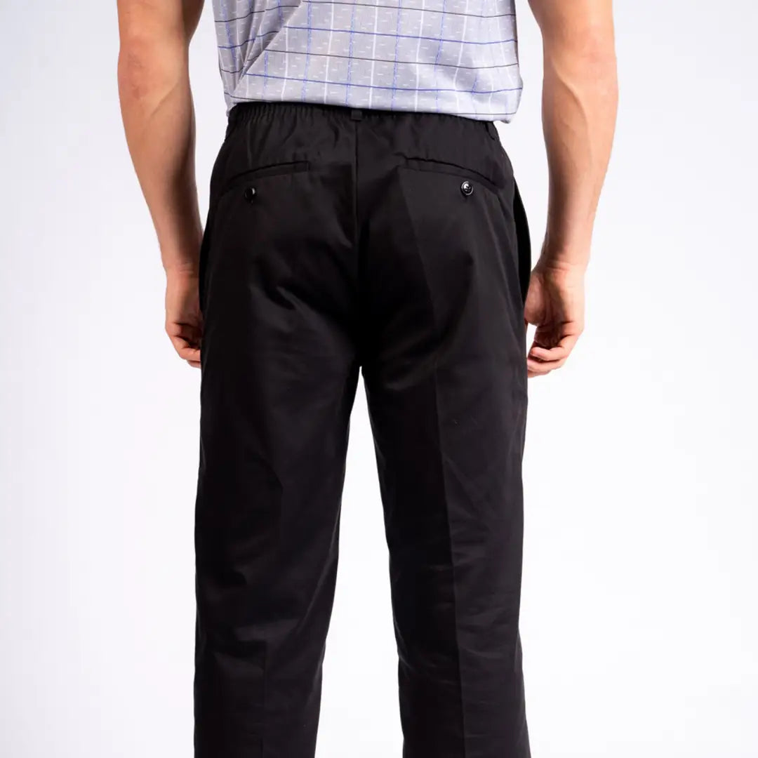 Black New Forest Rugby Trousers seen from behind, featuring an elasticated waist