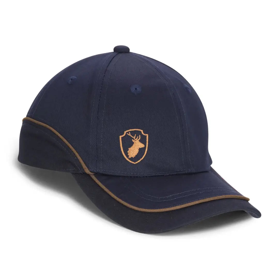 Navy blue Forest Skeet Cap featuring a stylish gold deer emblem on the front