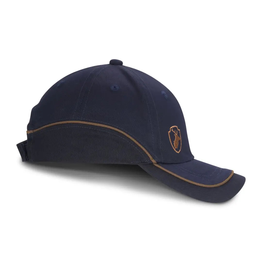 Navy blue Forest Skeet Cap with gold trim and logo for stylish equestrian riders