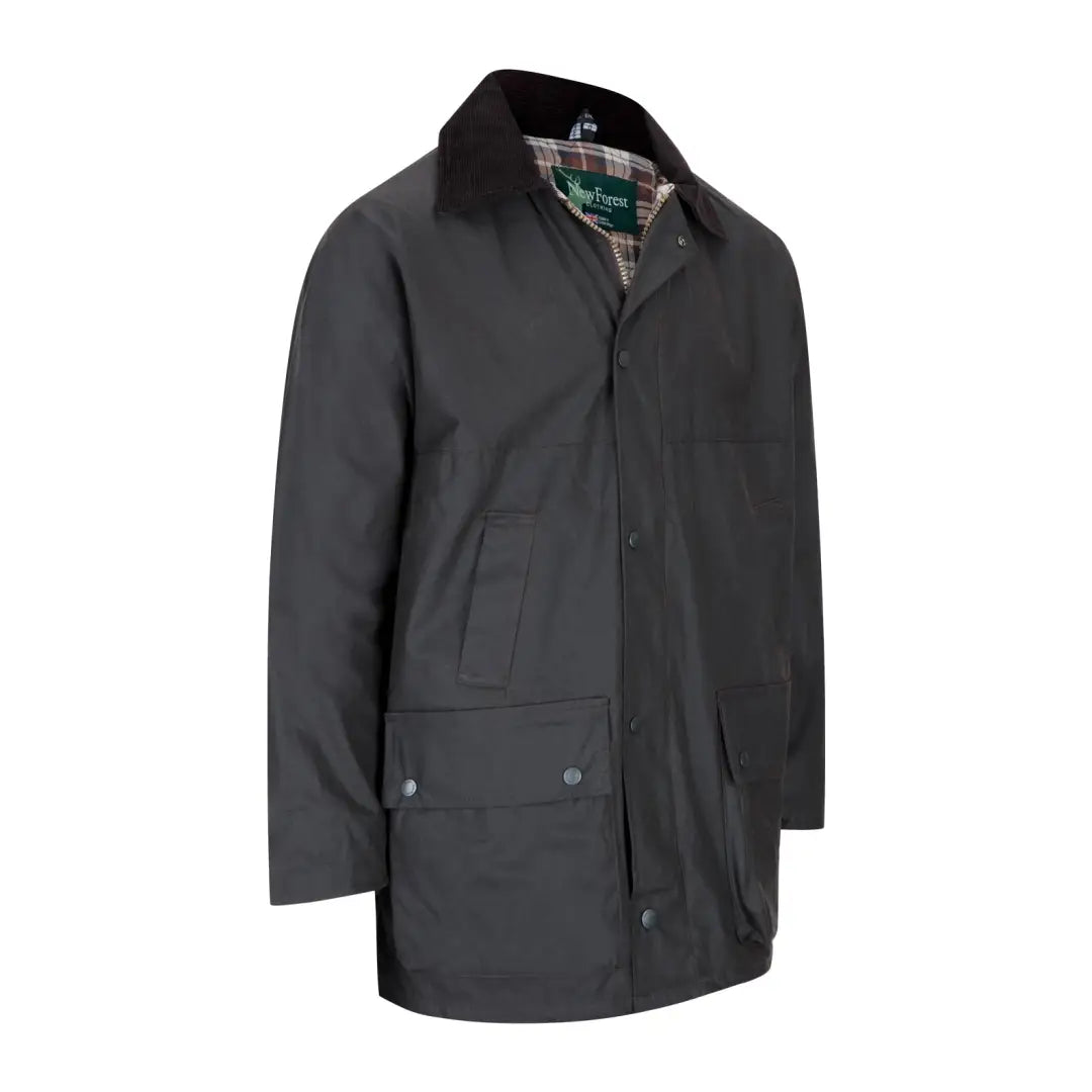 Dark gray wax jacket with corduroy collar and snap closures for stylish forest clothing