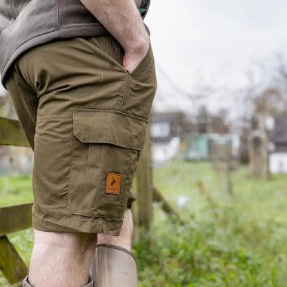 Khaki cargo shorts with leather patch perfect for your next forest trail adventure