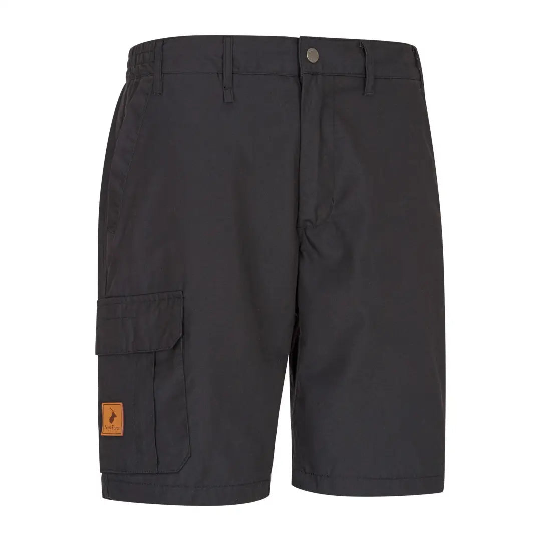 Dark gray New Forest Trail Shorts with a side pocket and orange logo patch