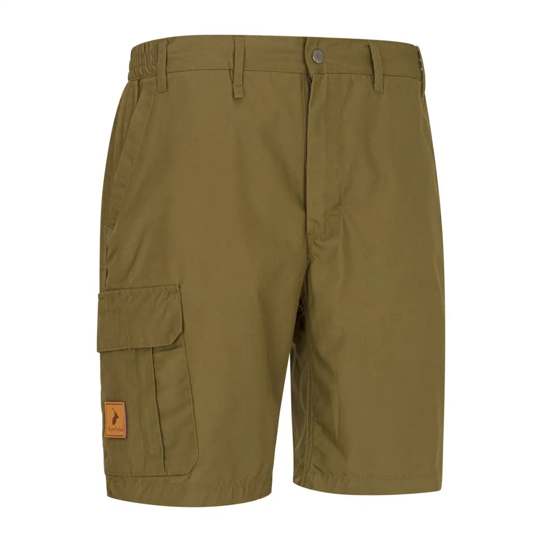 Olive green New Forest Trail Shorts with pockets and a leather patch for outdoor adventures