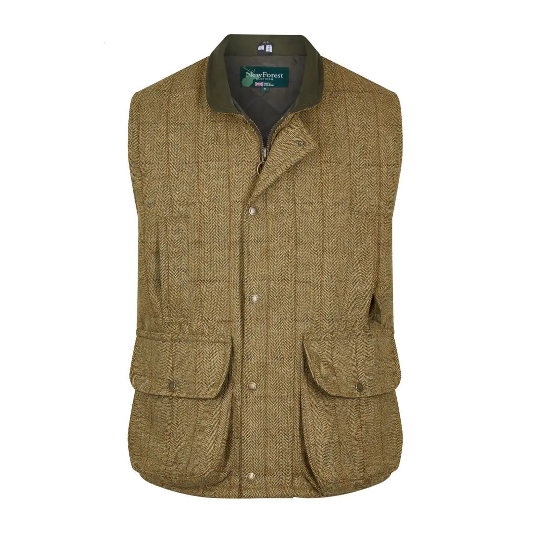 Tan tweed gilet with pockets and snap closures for stylish hunting adventures