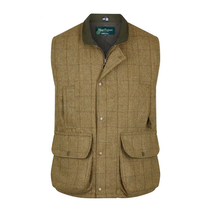 Tan tweed gilet with pockets and snap closures for stylish hunting adventures