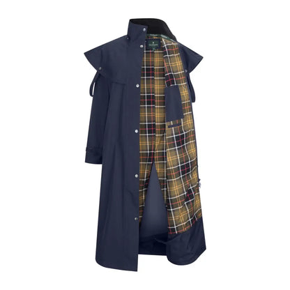 Navy blue long waterproof coat with plaid lining - New Forest Victoria style