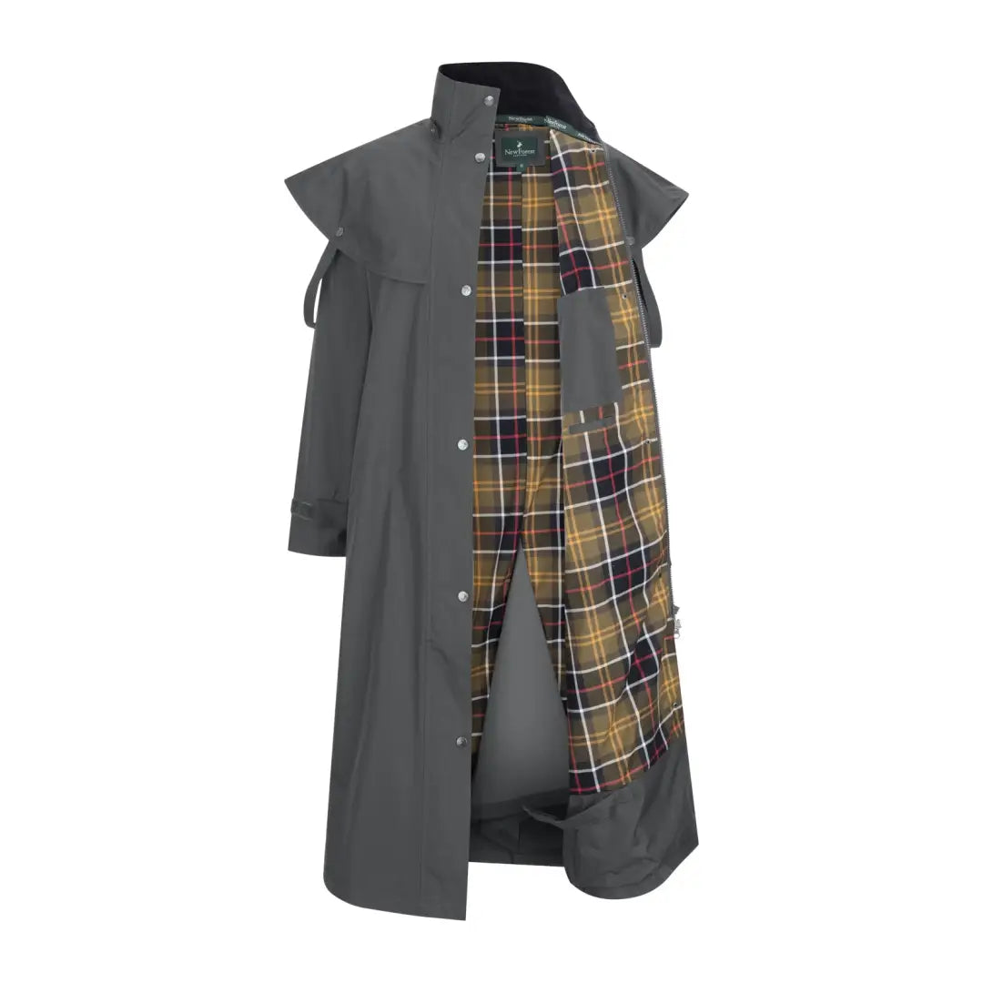 Long gray overcoat with plaid lining, perfect for ultimate wet weather in the Victoria Cape