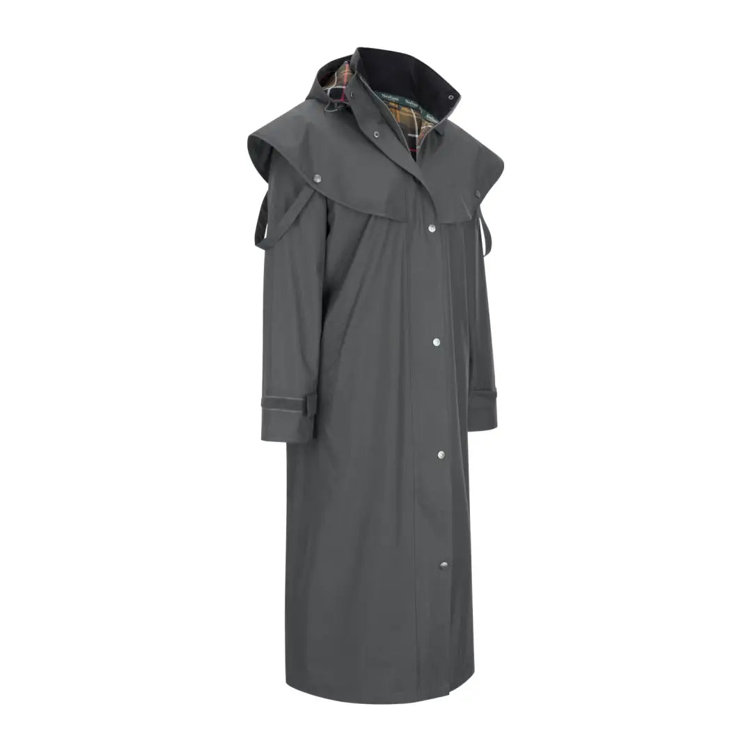 Long gray waterproof coat with detachable hood, perfect for ultimate wet weather adventures