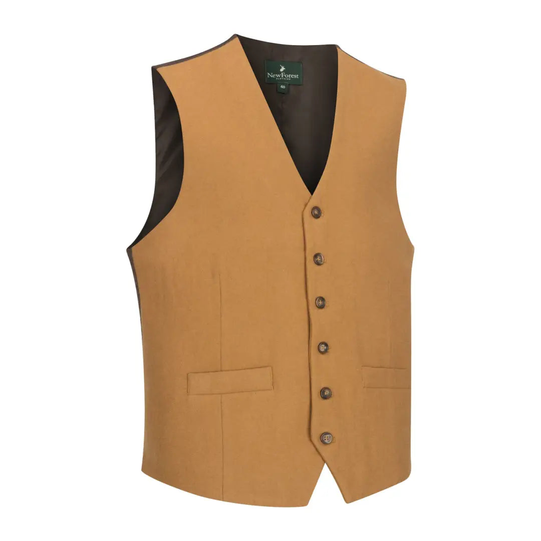 Tan wool mix waistcoat with six buttons and two pockets, perfect for formal occasions