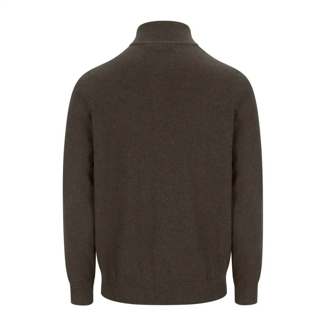 Dark brown zip neck jumper featuring ribbed cuffs and hem for a cozy look