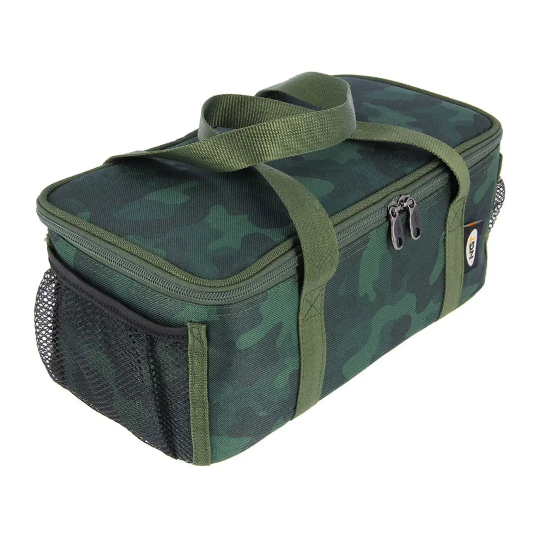 Camouflage-patterned NGT Brew Kit Bag with insulated cooler and side pockets