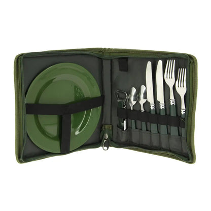 Portable NGT Day Session Cutlery Set in green case, perfect for picnics or camping