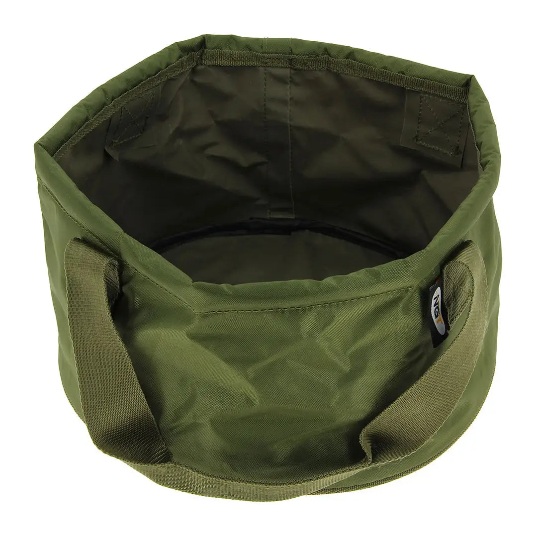 Collapsible olive green NGT Groundbait Bowl with circular opening for easy storage