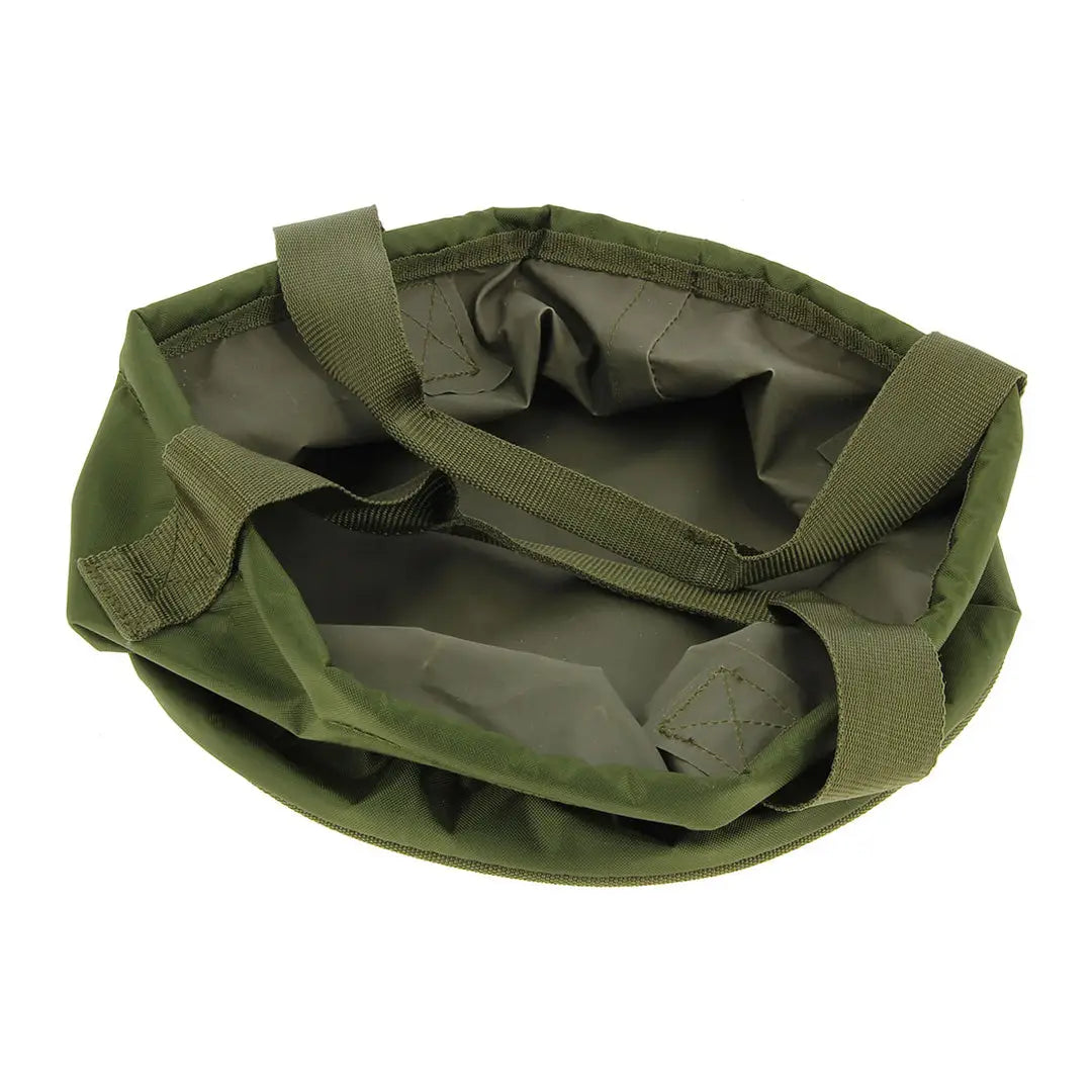 Collapsible olive green NGT Groundbait Bowl with carrying straps for easy transport