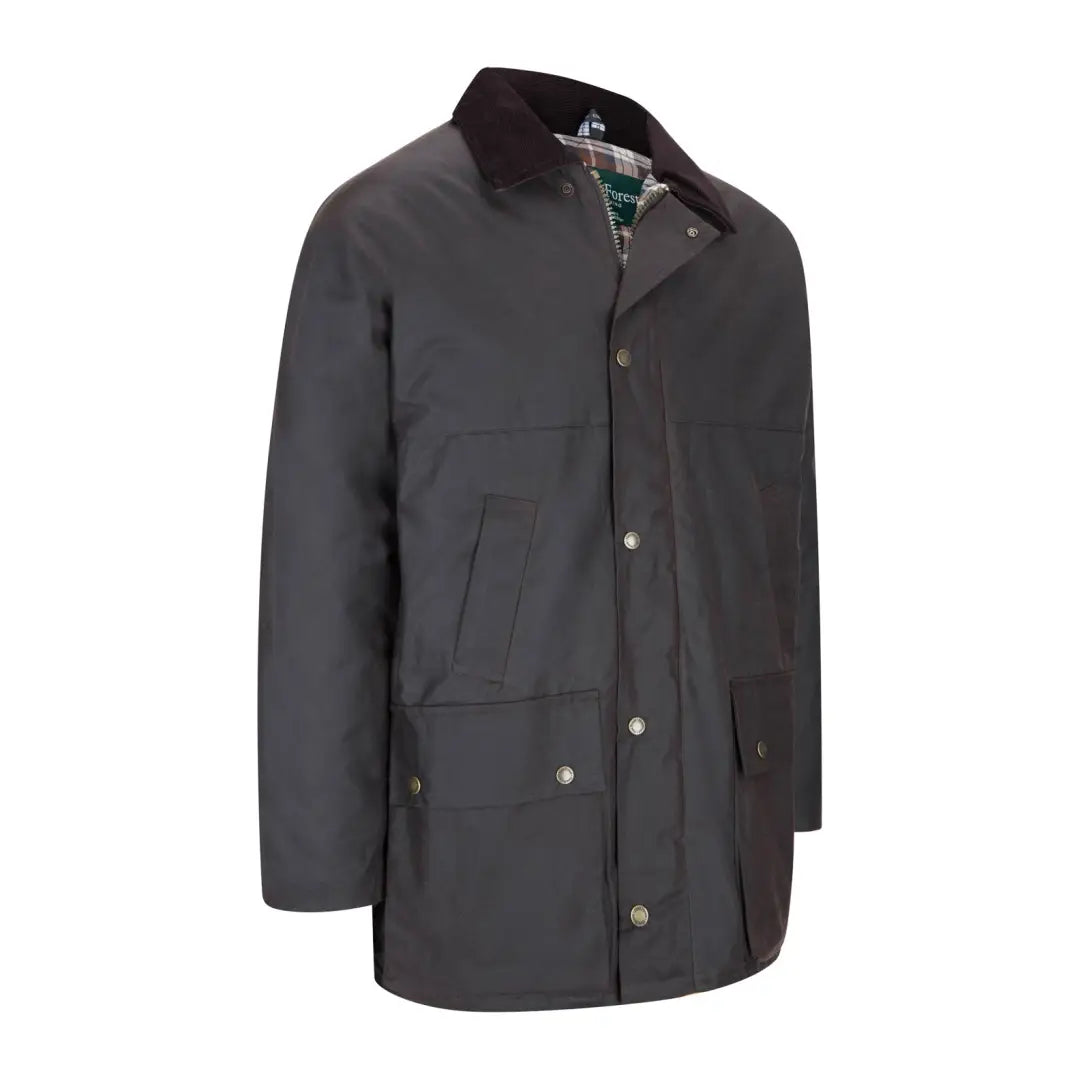 Dark gray padded wax jacket with snap closures and pockets for stylish forest clothing