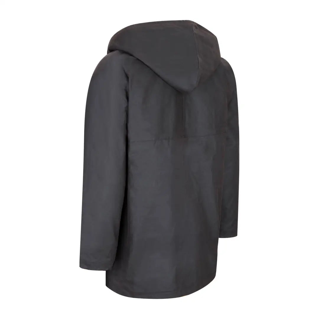 Dark gray padded wax jacket with hoodie and long sleeves for stylish forest clothing