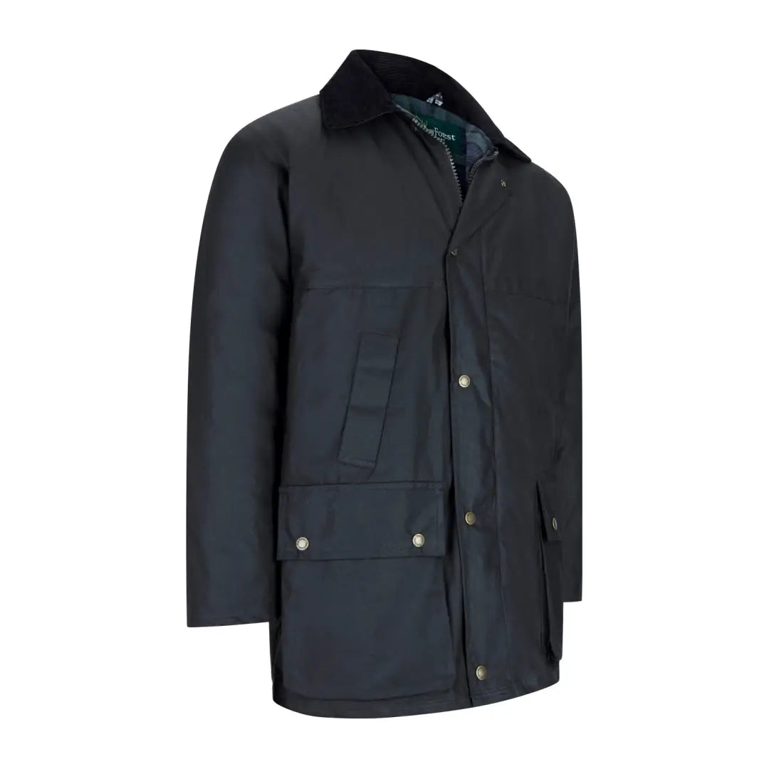 Dark blue padded wax jacket with corduroy collar and pockets for outdoor adventures