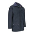 Dark blue padded wax jacket with corduroy collar and snap button pockets for forest clothing