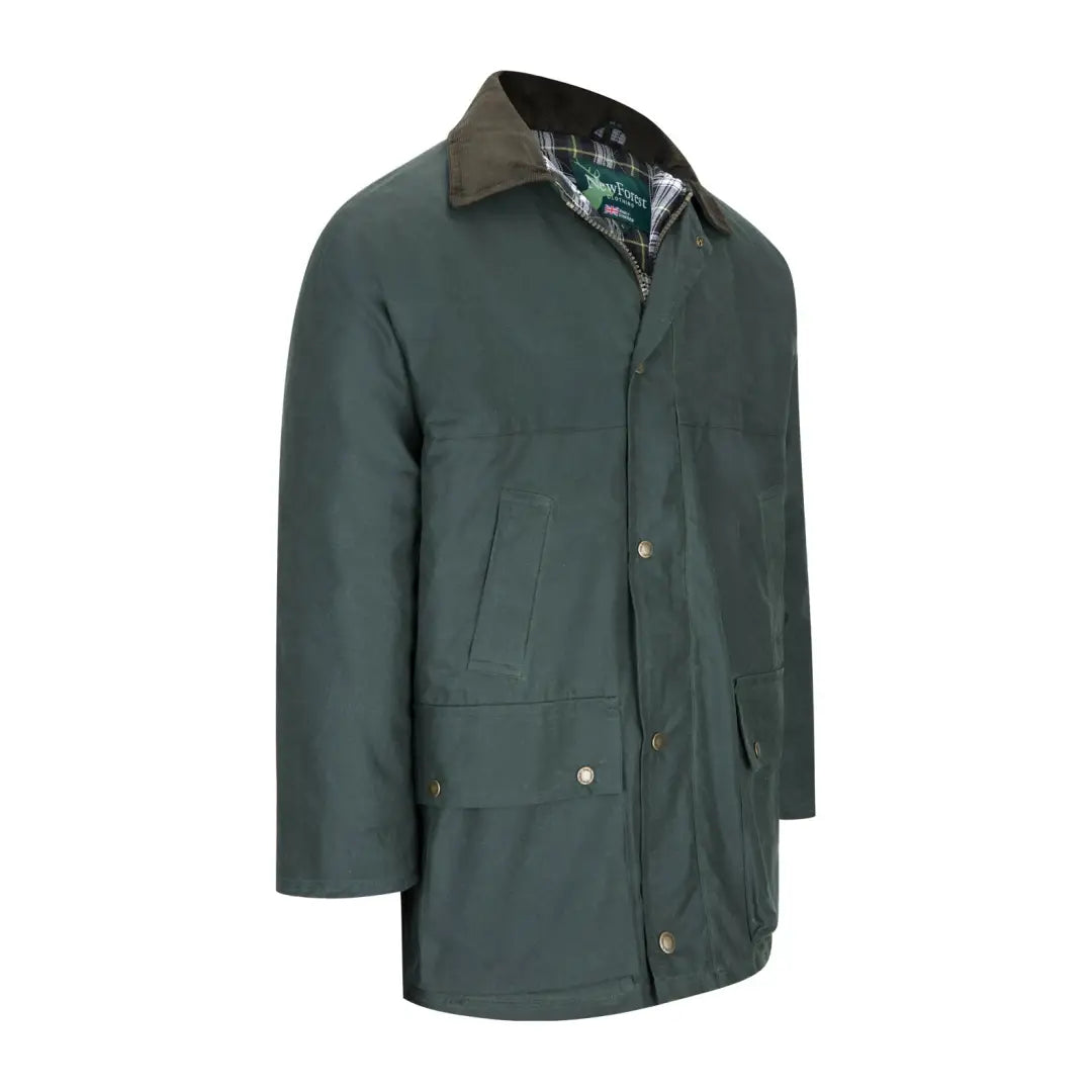 Green padded wax jacket with brown corduroy collar and plaid lining, perfect for forest clothing