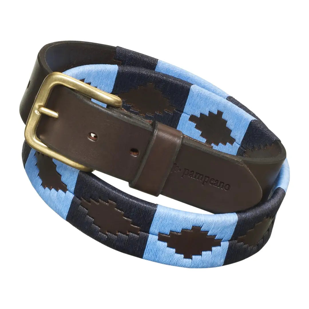 Stylish Leather and Fabric Azules Polo Belt with Blue and Black Geometric Pattern