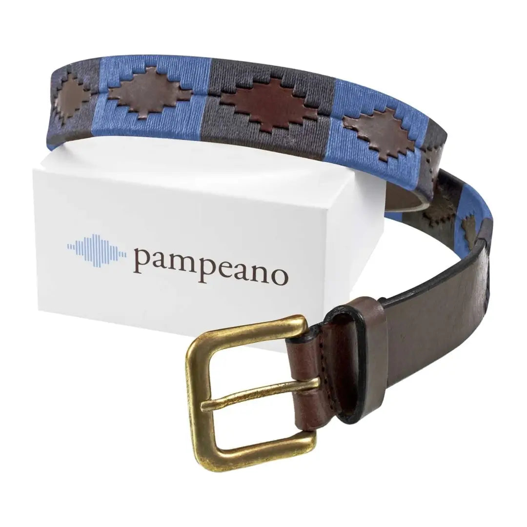 Embroidered leather Azules Polo Belt with a cool geometric pattern and brass buckle