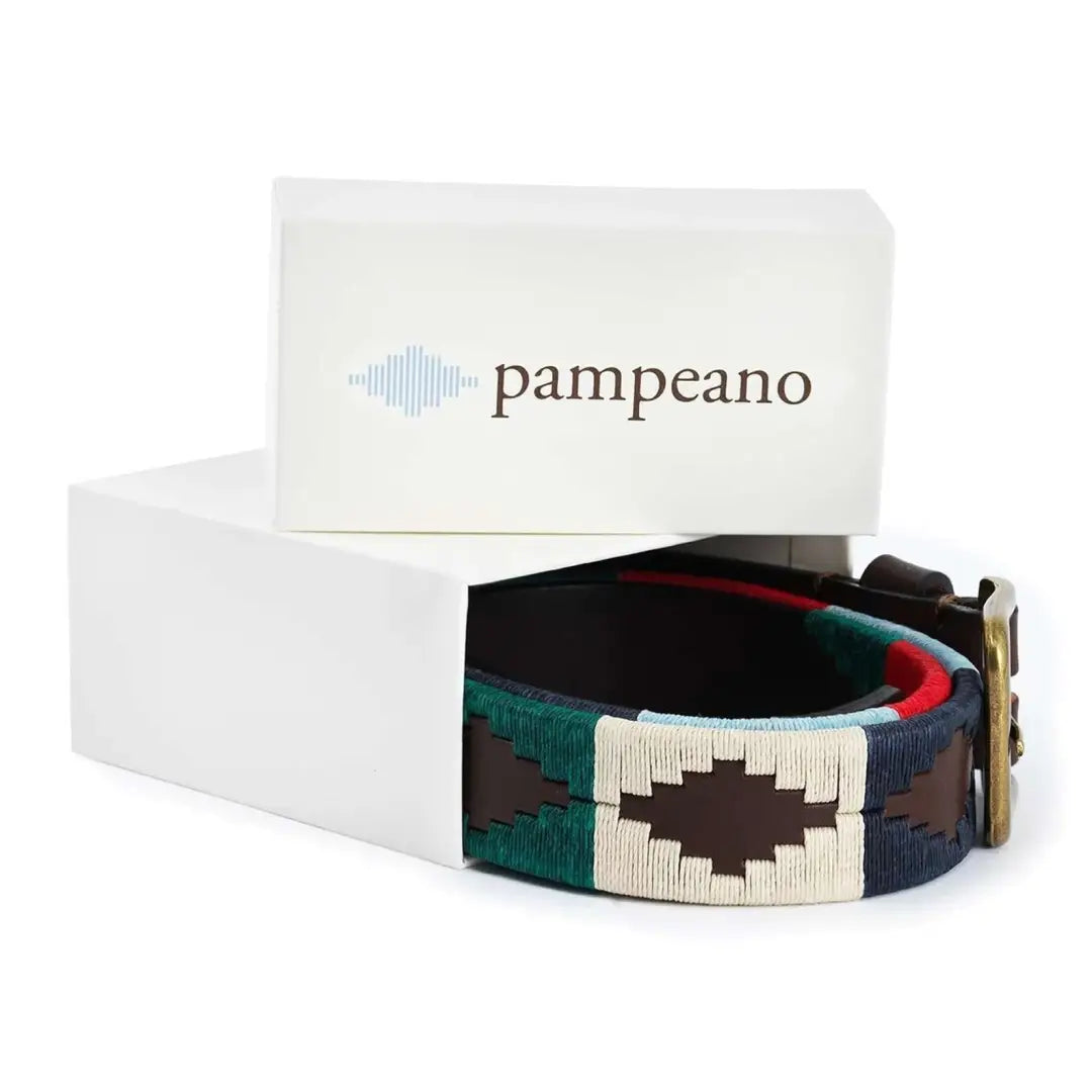 Colorful geometric-patterned polo belt in a Pampeano box, perfect for style lovers