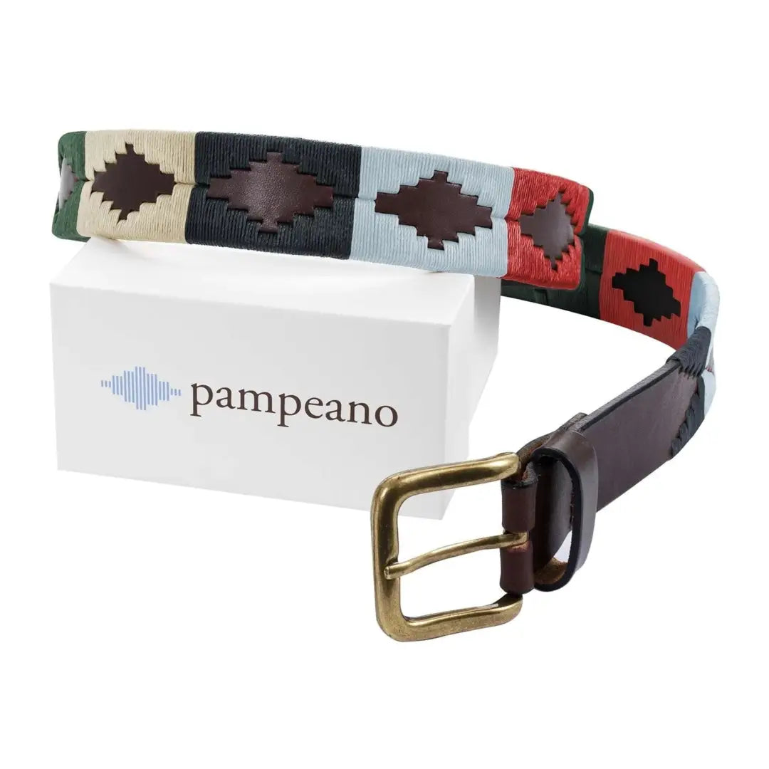 Colorful Pampeano Multi Polo Belt with geometric patterns and brass buckle