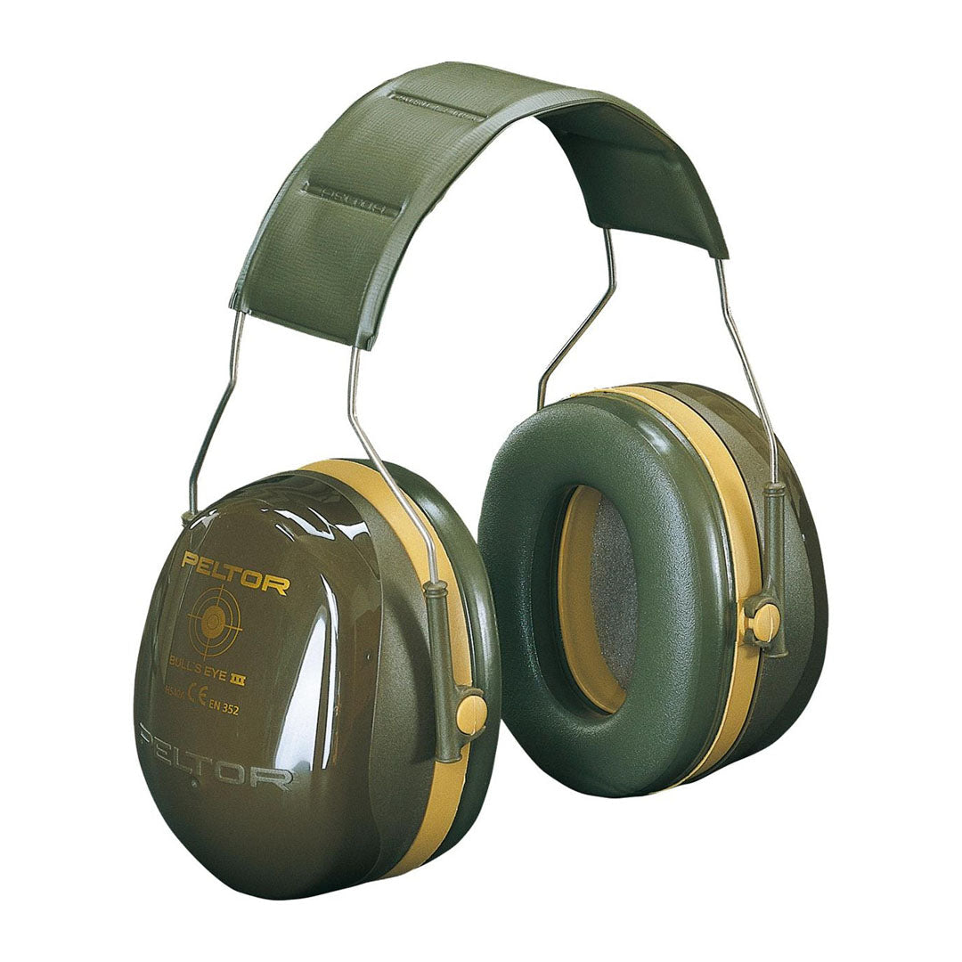 Green and yellow Peltor Bullseye III Hearing Protector earmuffs for noise reduction