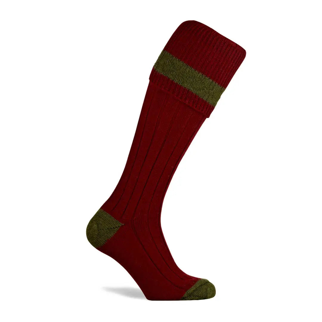 Knee-high burgundy Pennine Byron Shooting Socks with olive green accents