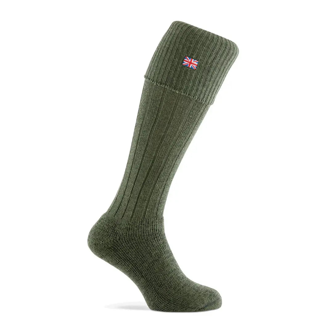 Olive green knee-high wool sock with British flag for Pennine Gamekeeper Union style