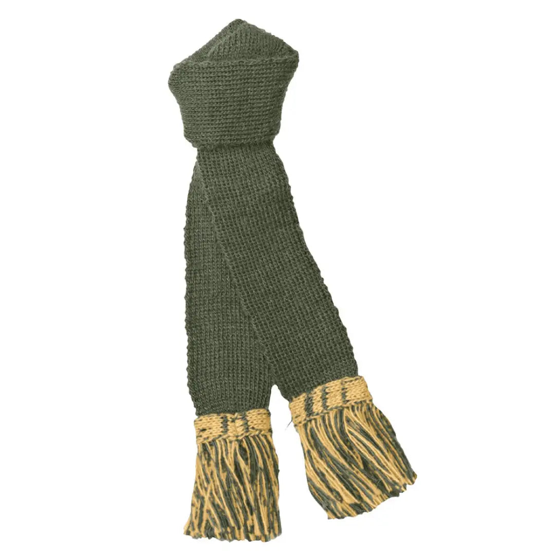 Dark green knitted scarf with golden tassels from Pennine Premium Wool collection