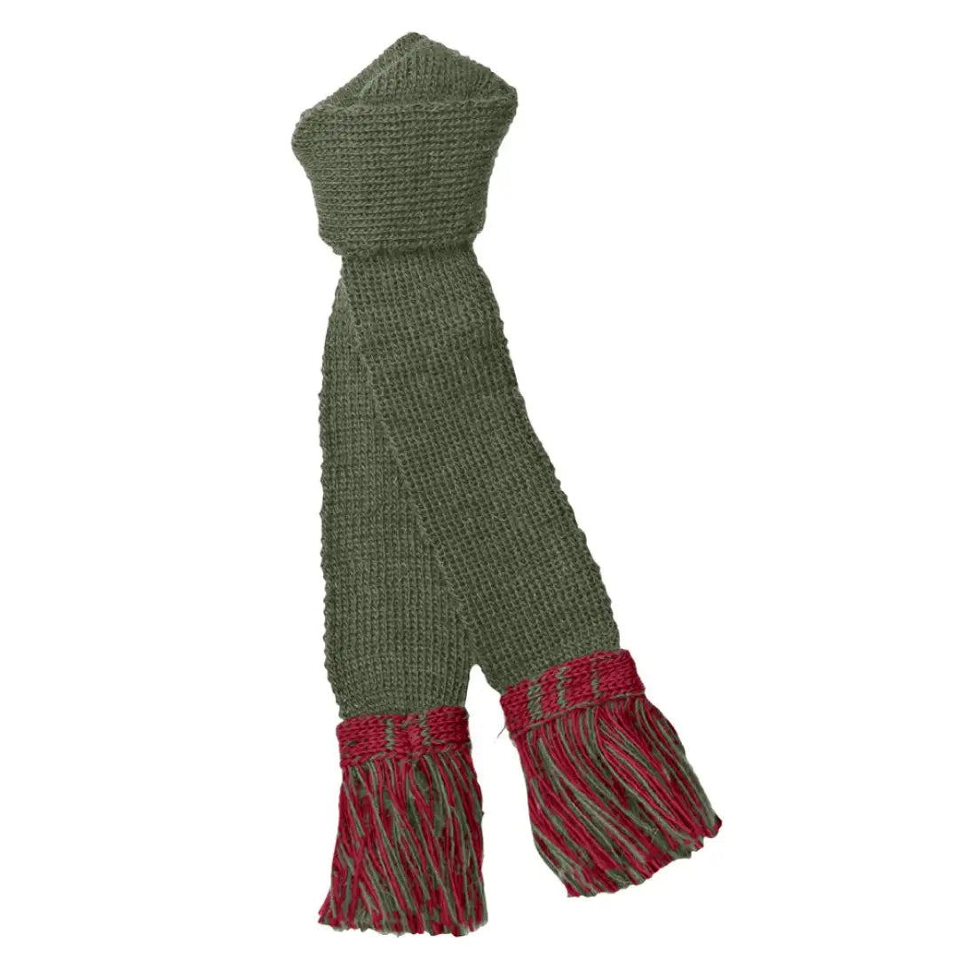 Olive green knitted scarf with red fringed ends from Pennine Premium Wool collection