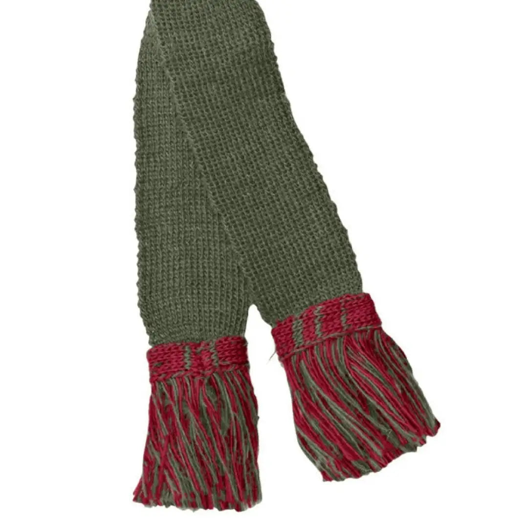 Knitted green scarf with red fringes, part of Pennine Premium Wool Shooting Garters