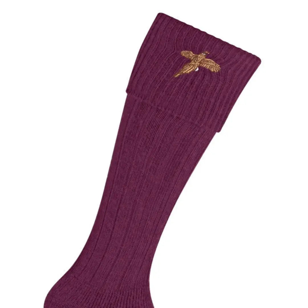 Burgundy Pennine Stalker Shooting Socks with golden pheasant embroidery detail