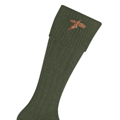 Dark green Pennine Stalker Shooting Socks with embroidered pheasant design