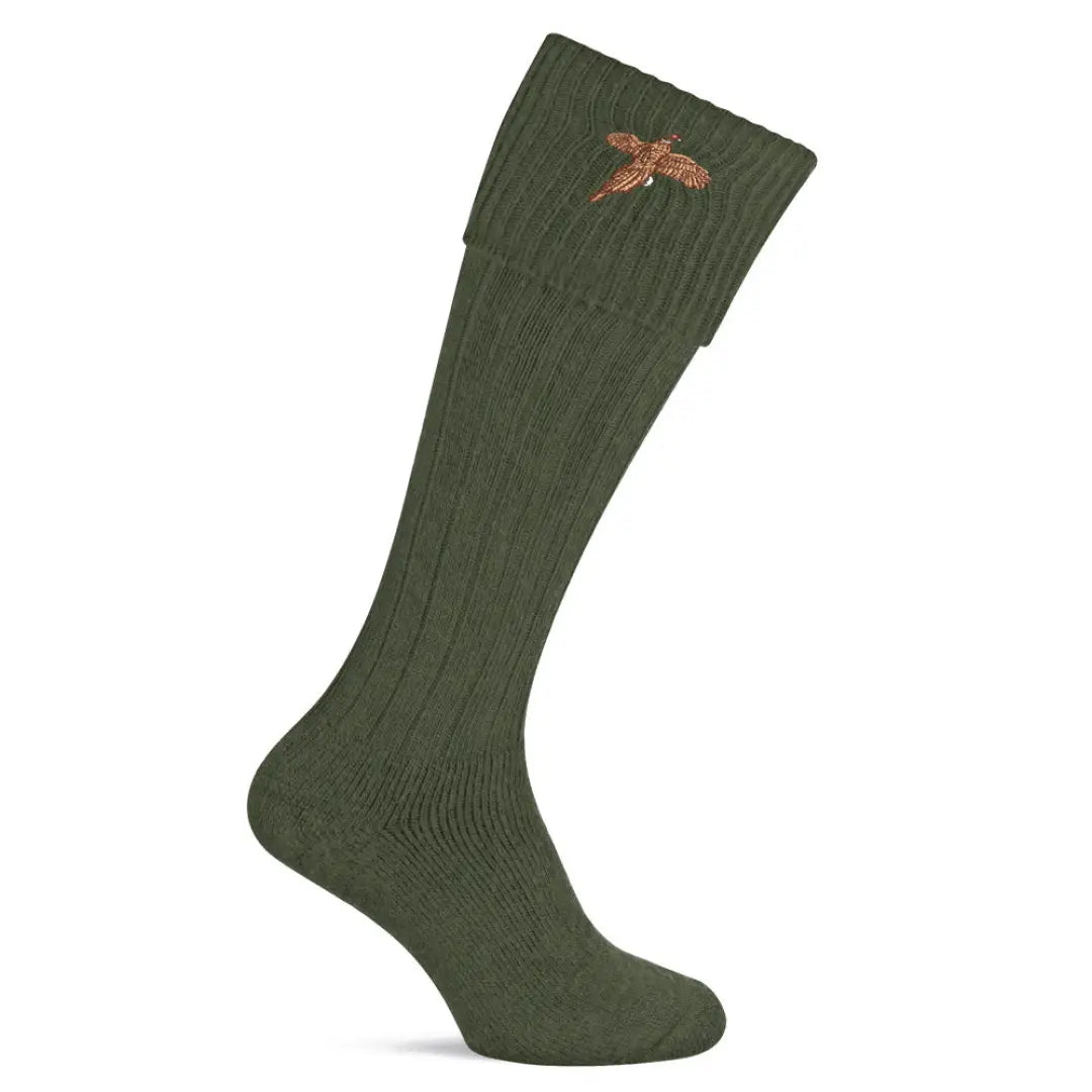 Dark green Pennine Stalker Shooting Socks with embroidered pheasant near the top