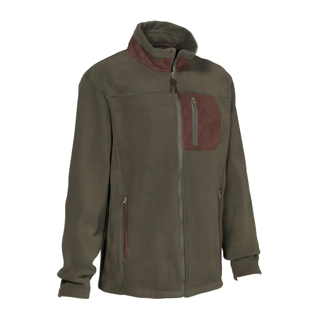 Olive green Percussion fleece hunting jacket with zippered chest pocket and burgundy trim