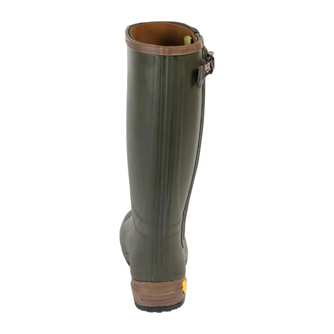 Tall green Percussion Wellington Boots with brown trim, perfect for country clothing and outdoors