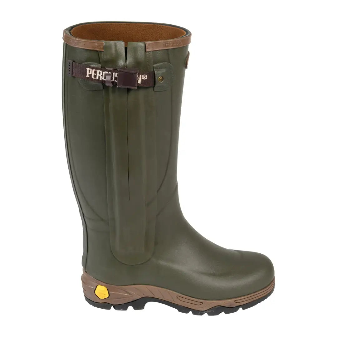 Green rubber Wellington boot with adjustable strap, perfect for country clothing and outdoors