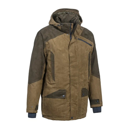 Rugged Percussion Grand Nord Jacket in earthy tones with a hood for outdoor adventures