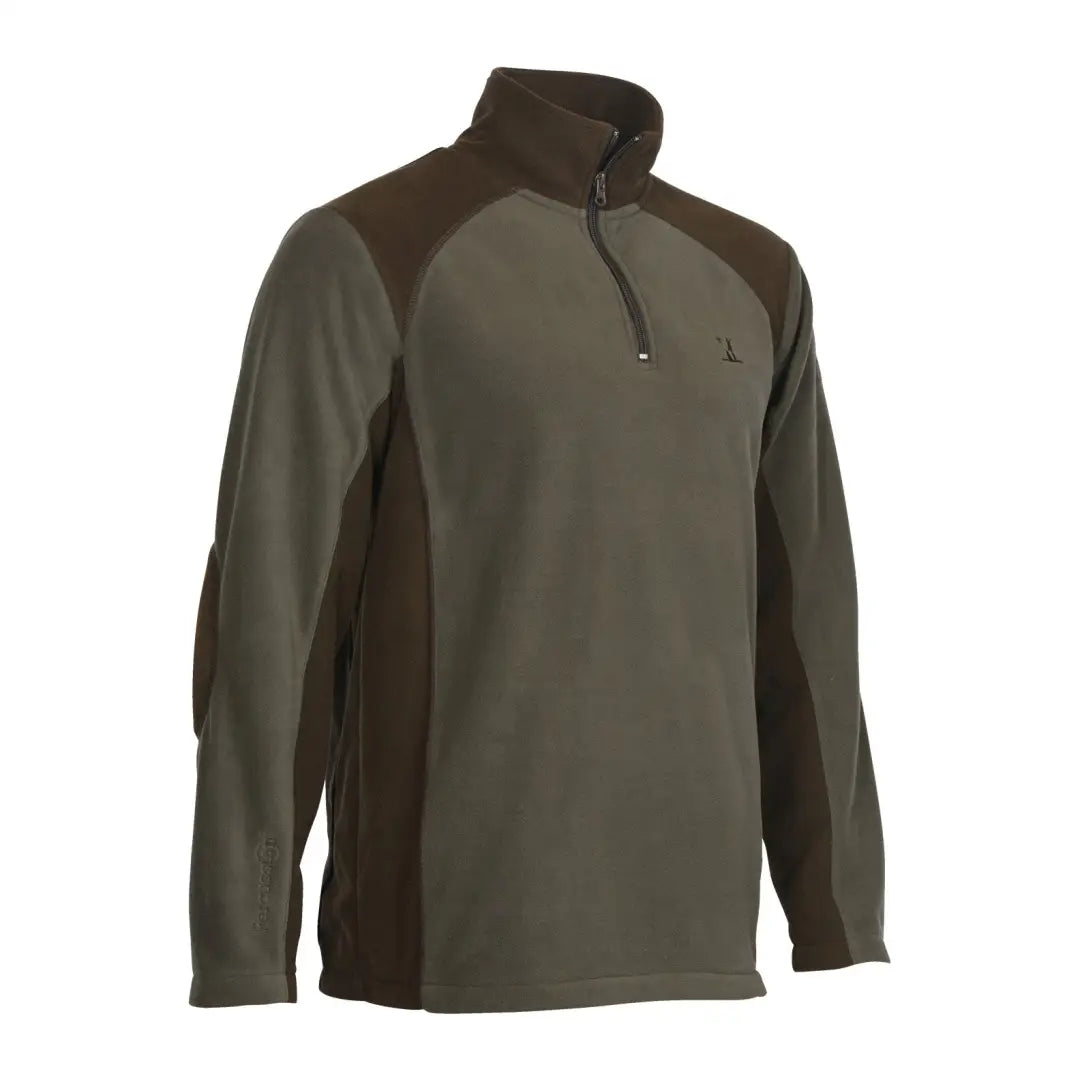 Olive green and brown Percussion Half Zip Fleece pullover with quarter-zip collar