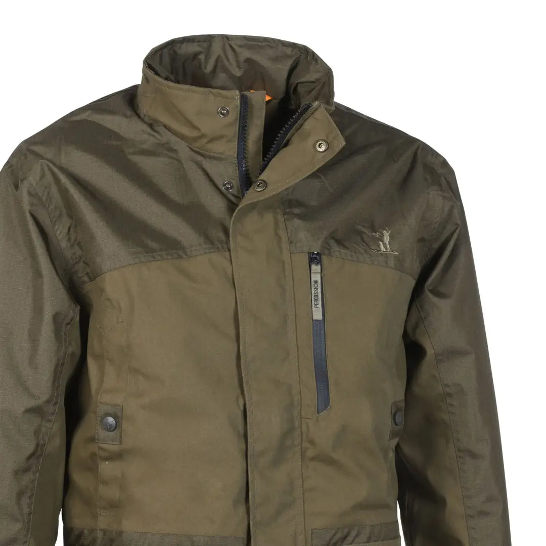 Olive green Percussion Imperlight Evo Jacket with pockets and a high collar for hunting