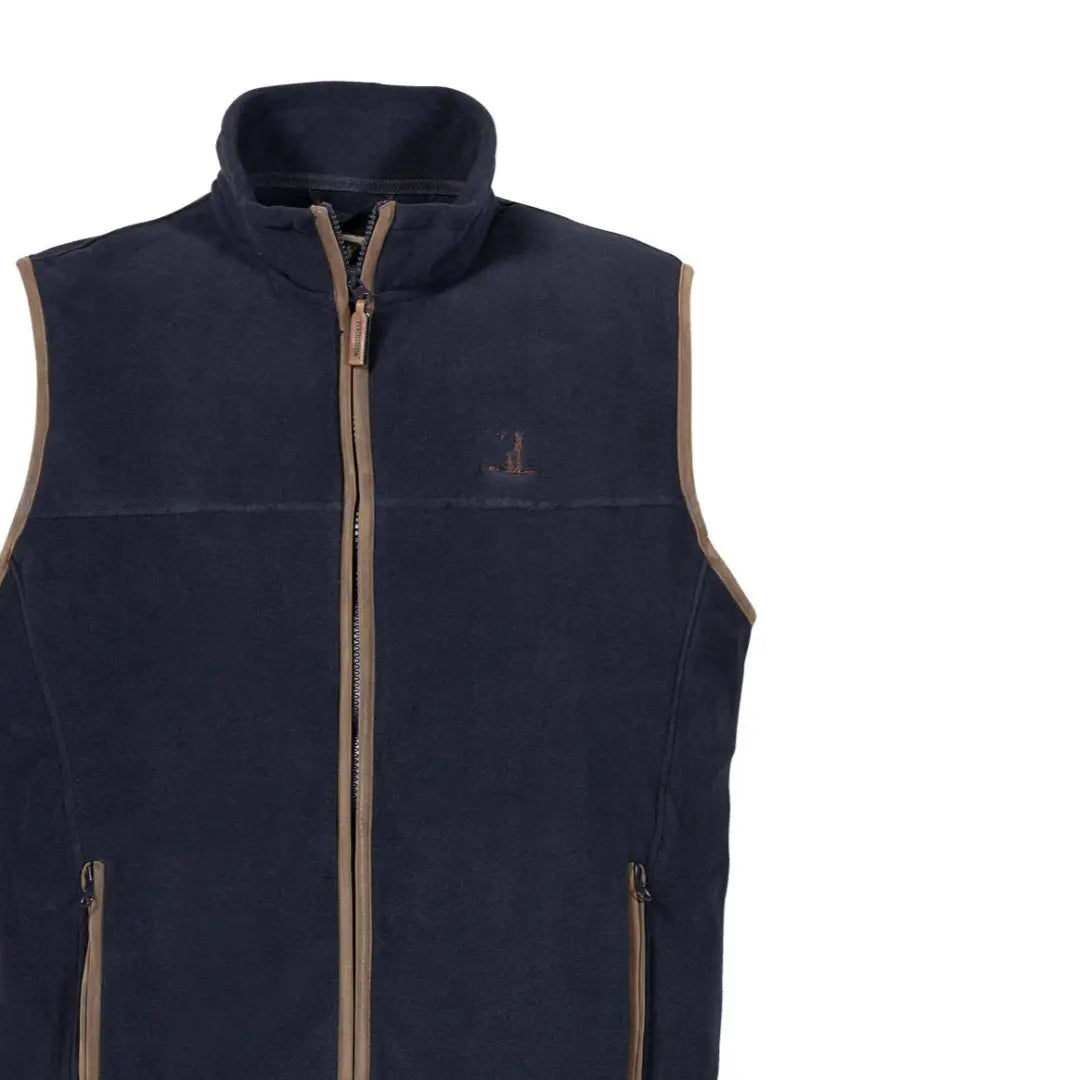 Navy blue Percussion Scotland fleece gilet with tan trim and zipper closure for kids