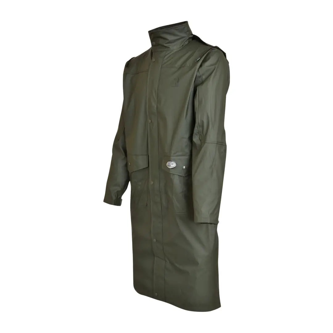 Long olive green Percussion Long Impersoft Coat with game bag for rainy adventures