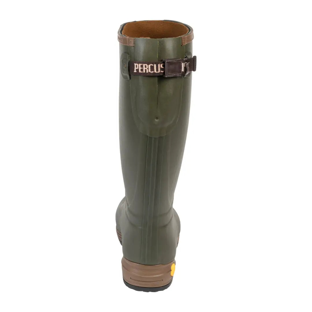 Green Wellington boot with brown sole and Percle branding, perfect for country clothing and outdoors