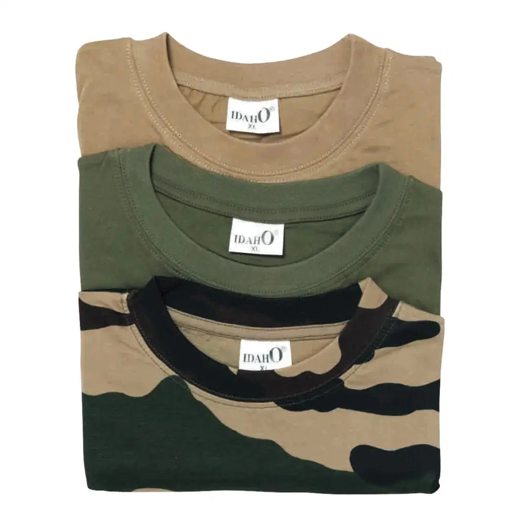 Stack of three folded Percussion Pack plain t-shirts in tan, olive green, and camo