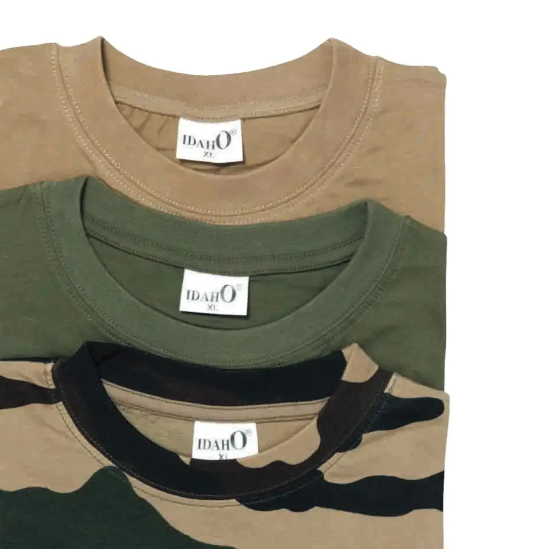 Stack of Percussion Pack of 3 plain t-shirts in solid and camouflage colors