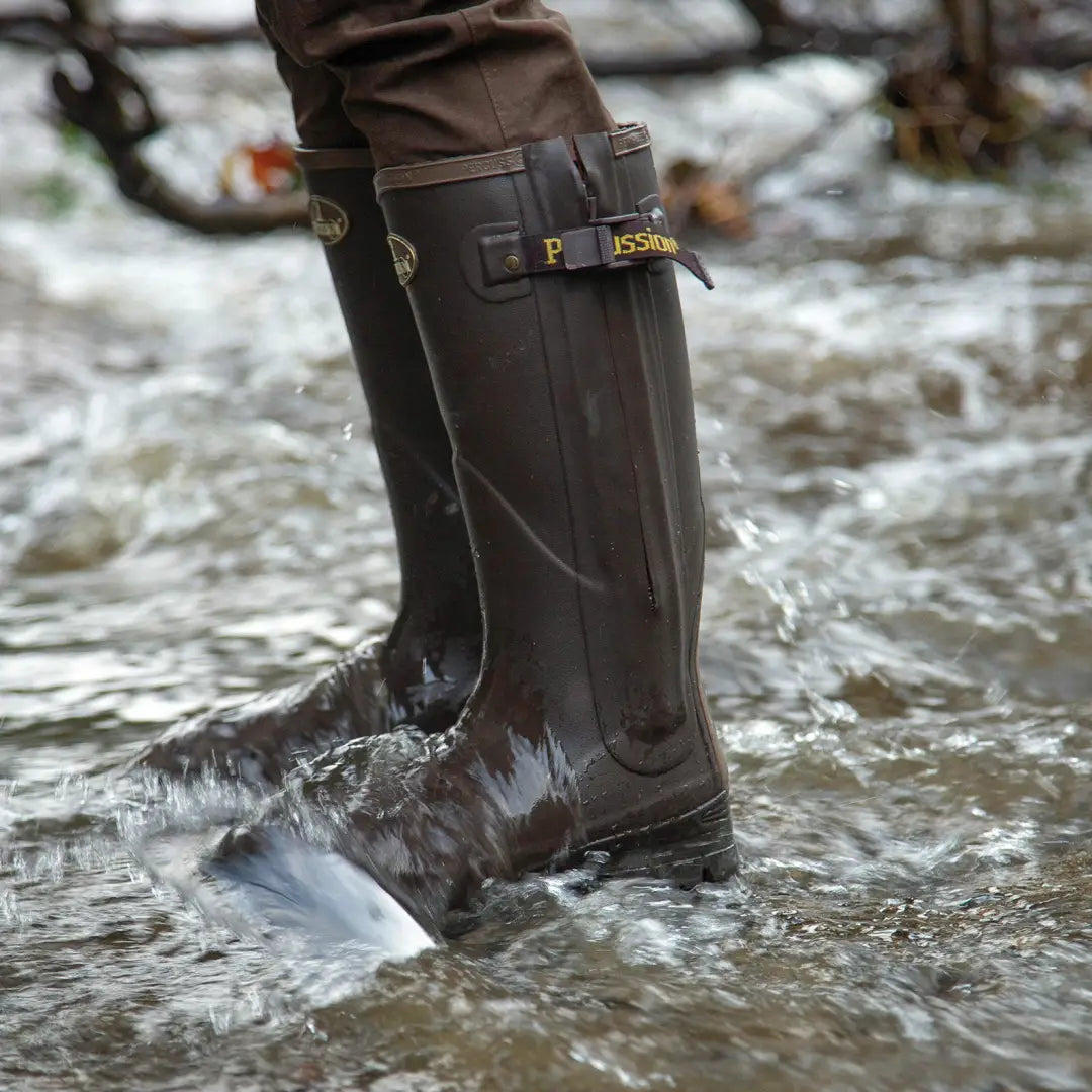 Dark brown Percussion Rambouillet Zip Boots in flowing water, perfect neoprene lined wellies