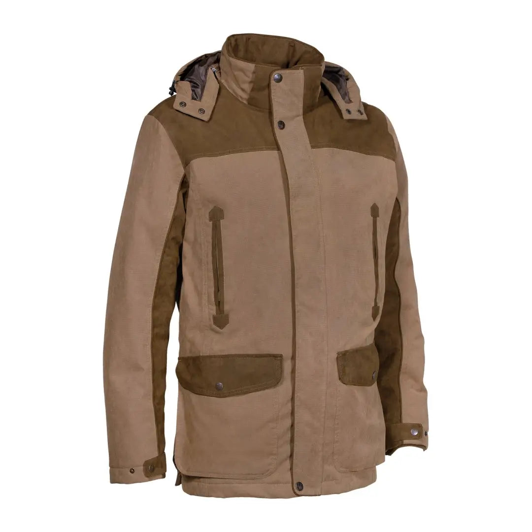 Tan and brown Percussion Rambouillet Original Jacket with pockets and a hood